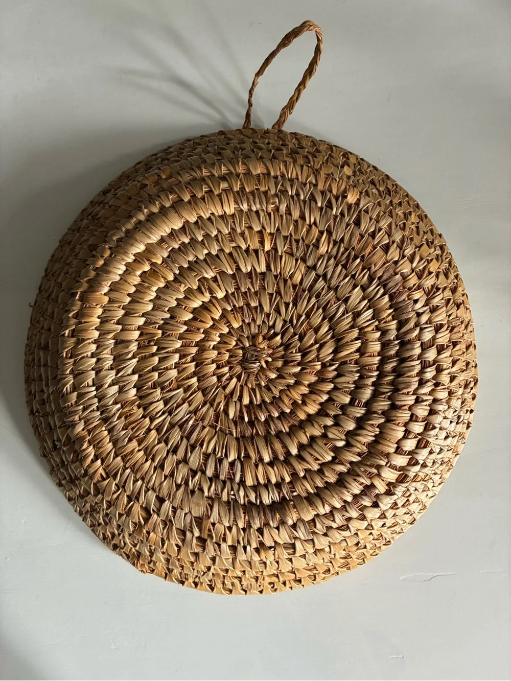 Handwoven Round Rattan  Coiled Basket With Hanger Attached - Natural Brown